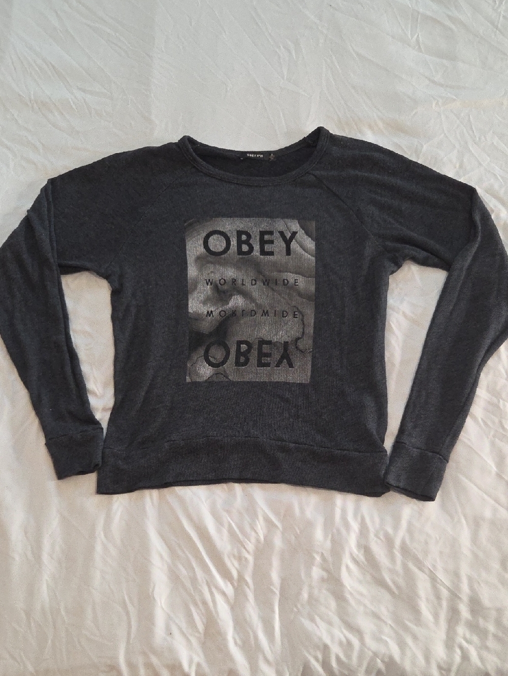 Obey Dark Gray Graphic Crewneck Long Sleeve Lightweight Top Gray Sz Small